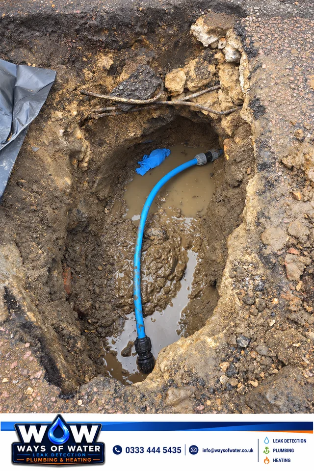 Replacement blue supply pipe & transition couplings in the exposed trench